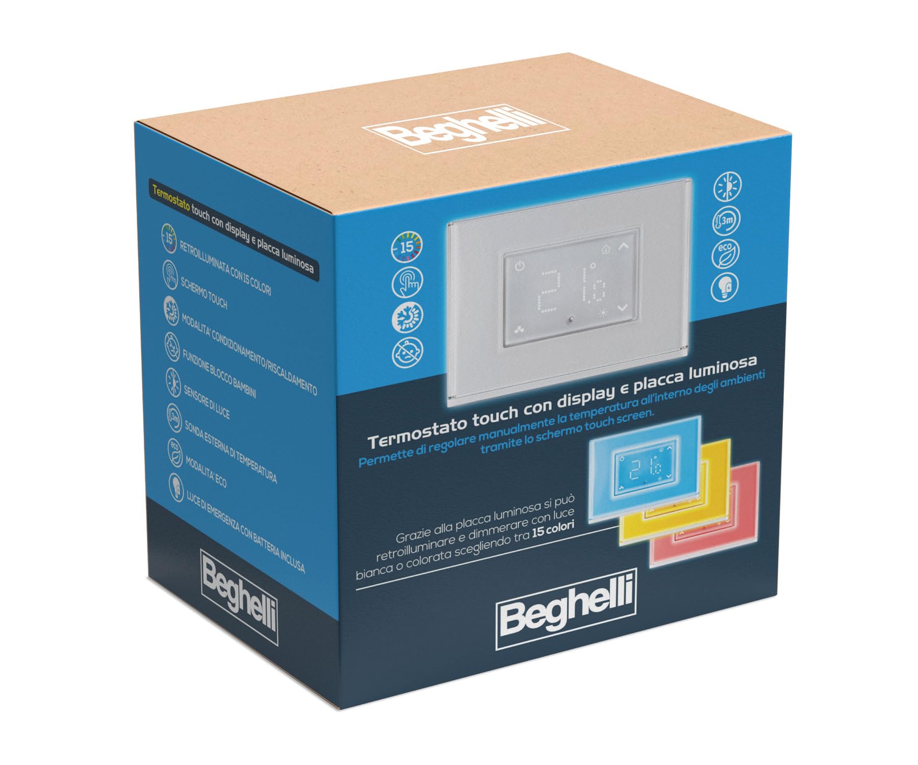 Beghelli - Termostato con Display Touch e Placca Luminosa Retroilluminata con 15 Colori, Sensore Luce, Modalità Condizionamento e Riscaldamento, Modalità Luce di Emergenza, Batteria Inclusa