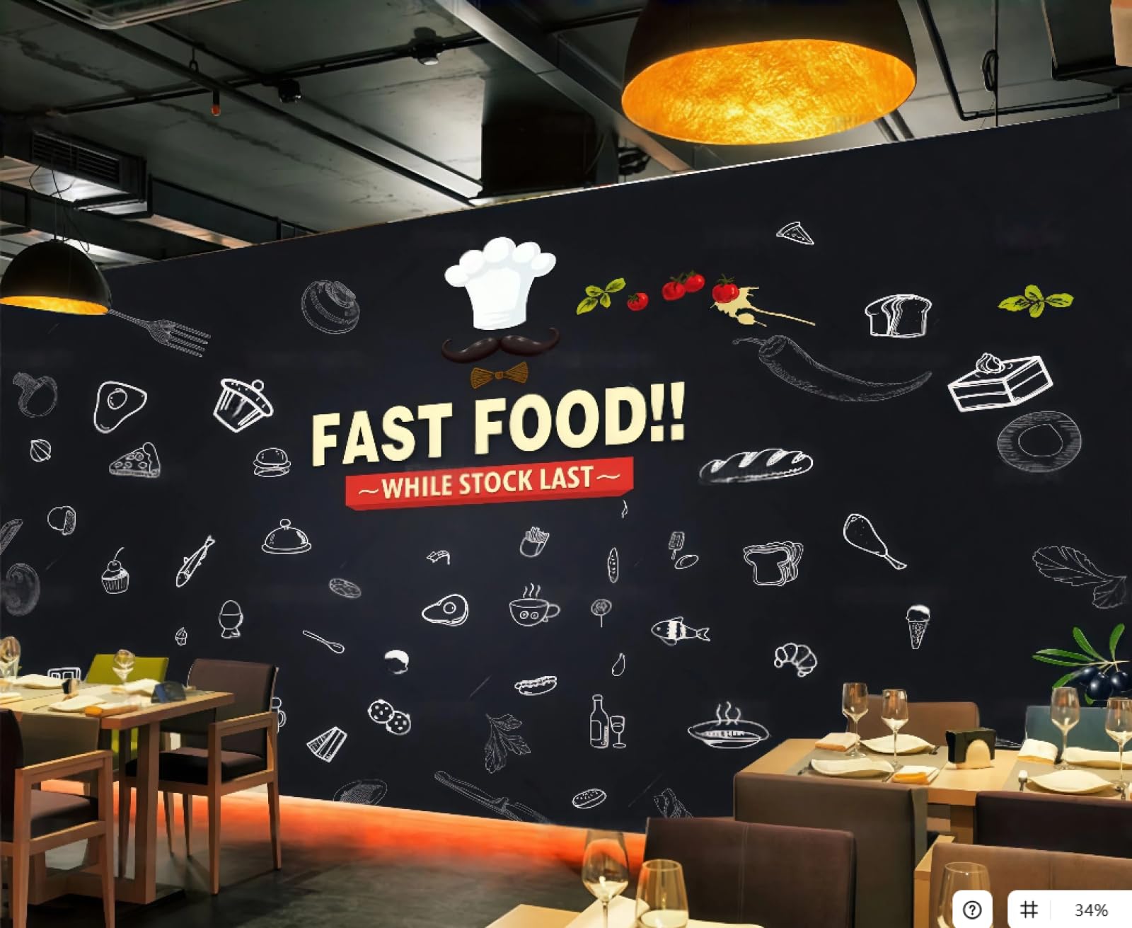 XDOUBAO Wallpaper Retro Blackboard Hand-Painted Gourmet Menu Baking Theme Dessert Shop Afternoon Tea Western Restaurant Background Wall Wallpaper Coffee Shop Mural,3D,150x105cm