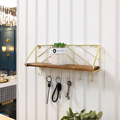 Miniatura 2 de MyGift Estante organizador de llaves de pared de latón de 12.4 pulgadas, estante decorativo de madera flotante para entrada montado en la pared con