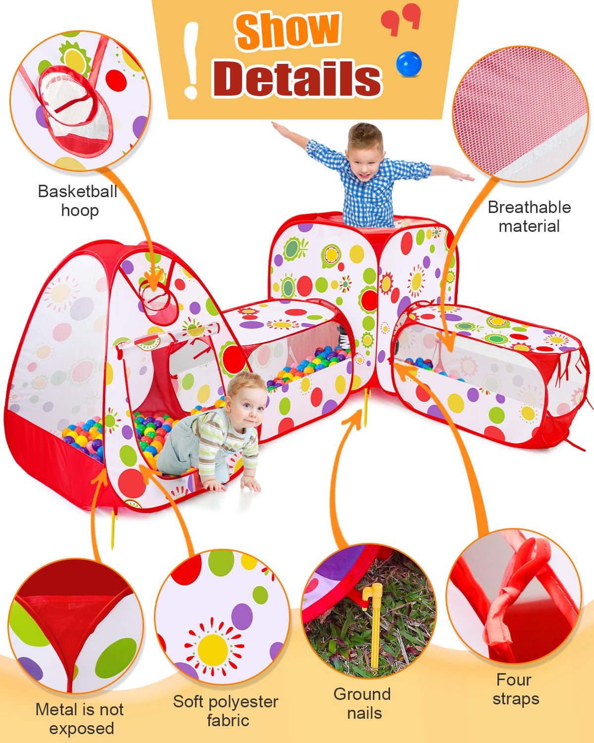 MAIKEHIGH Tunnel Gioco per Bambini, 4 en 1 Pop Up Tenda con Pieghevole Piscina Palline Interno Esterno Giardino Gioco Ragazzi Ragazze Compleanno Regalo | Pieghevole Piscina Palline Interno Esterno Giardino Gioco Ragazzi Ragazze Compleanno Regalo