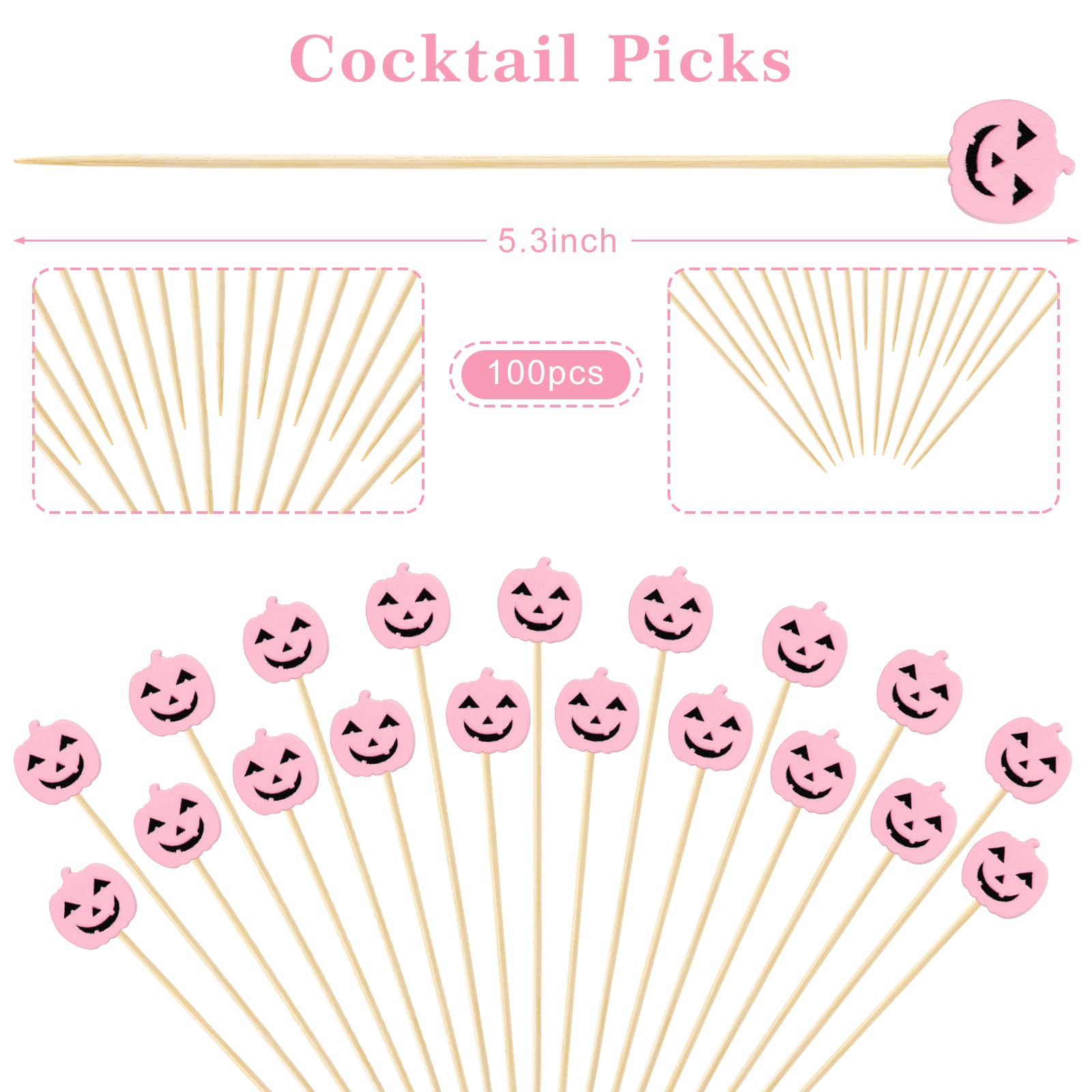 100 Pcs Fall Cocktail Picks - Pink Pumpkin Bamboo Toothpicks, 5.1 Inch Long Appetizer Skewers For Autumn, Thanksgiving & Party Supplies