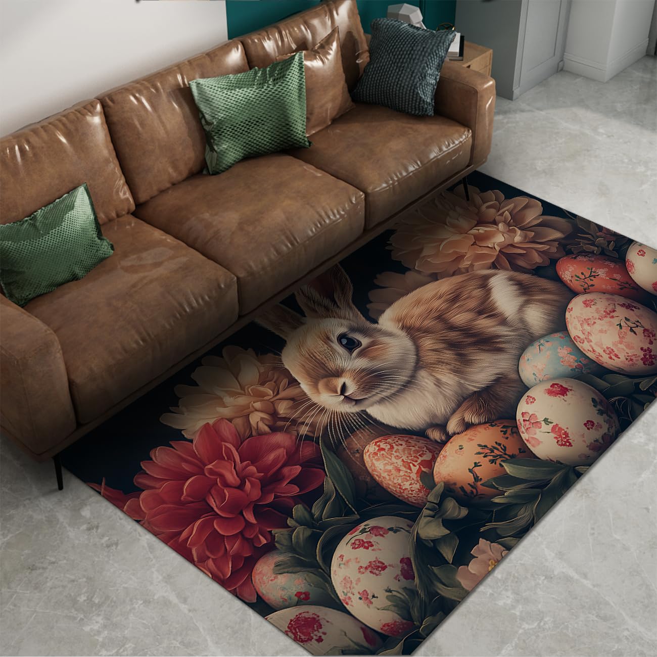 Tapis 160x200cm Pâques lavable en machine avec motifs fleurs sauvages et lapins