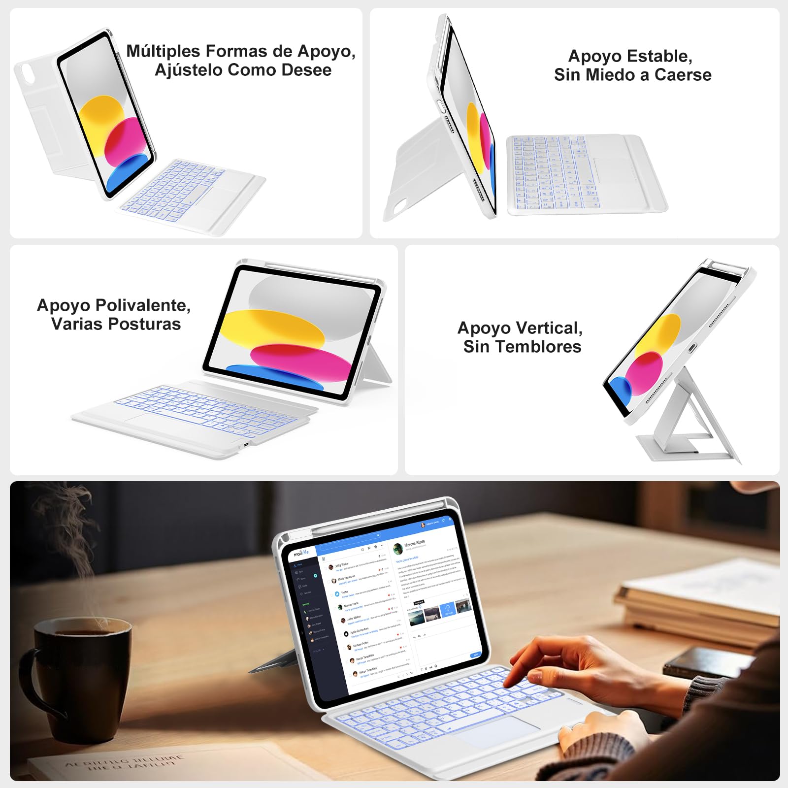 Funda Teclado para iPad A16 11 Gen 2025/ iPad 10ª Generación 2022 | Funda para iPad A16 con Teclado Bluetooth Trackpad Español, Teclado Retroiluminado Inalámbrico para iPad 10/11 Gen A16-Blanco