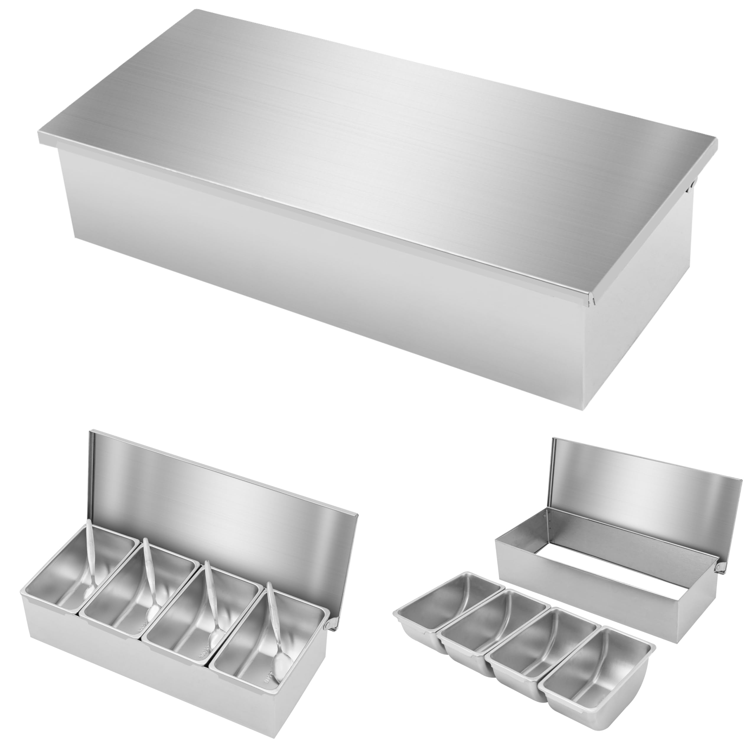 kunghei 15-In Telescoping Condiment Food Prep Station Center Self with 4 Pans, 4 Lids and 4* Spoons for Kitchen Bar Restaurants and Buffet, Stainless Steel Spice Seasoning Food Container Pans