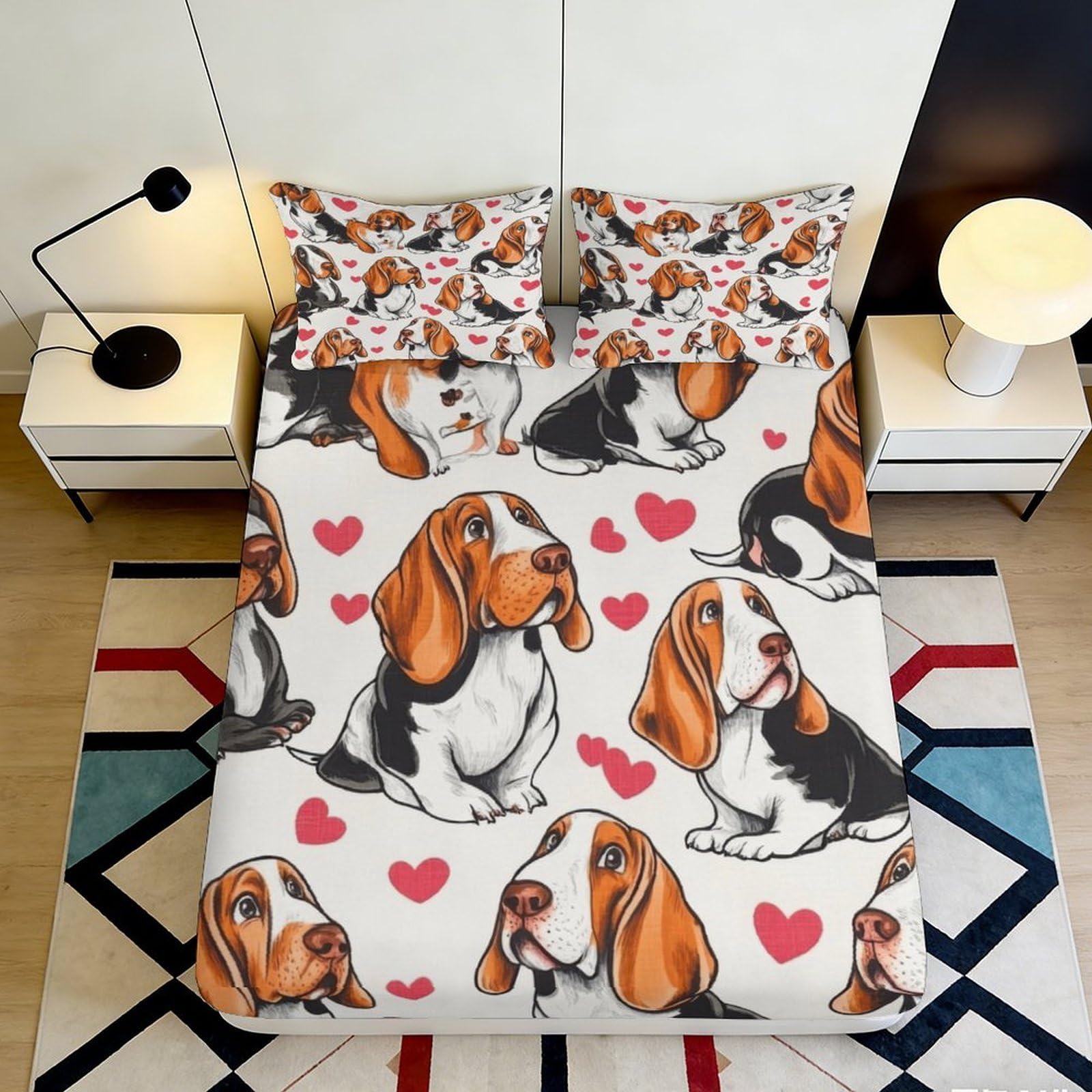 3D Printed Basset Hound Pattern Fitted Sheet Microfiber Soft Durable Cartoon Dog Design Bed Cover for Bedroom Dormitory Guest Room Mattress Protection 180x200x25cm