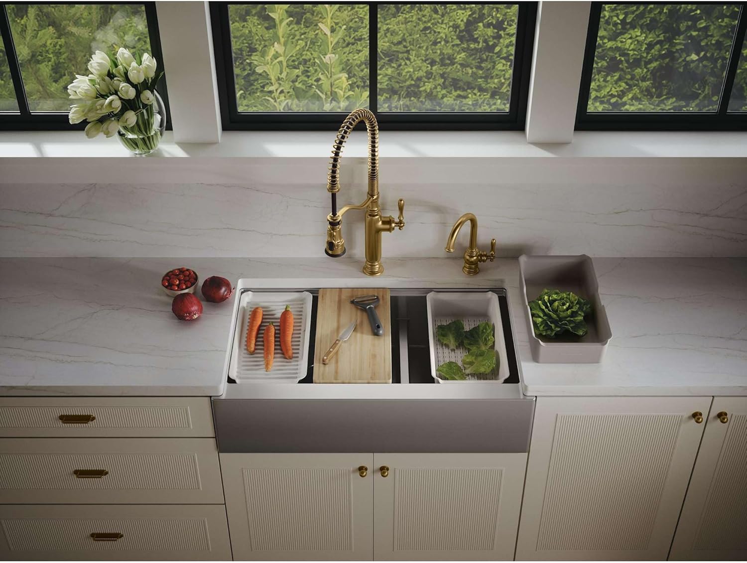 Kohler 33658-PC-NA Strive® Smart Divide® 35-1/2” undermount double-bowl farmhouse workstation kitchen sink, Stainless Steel