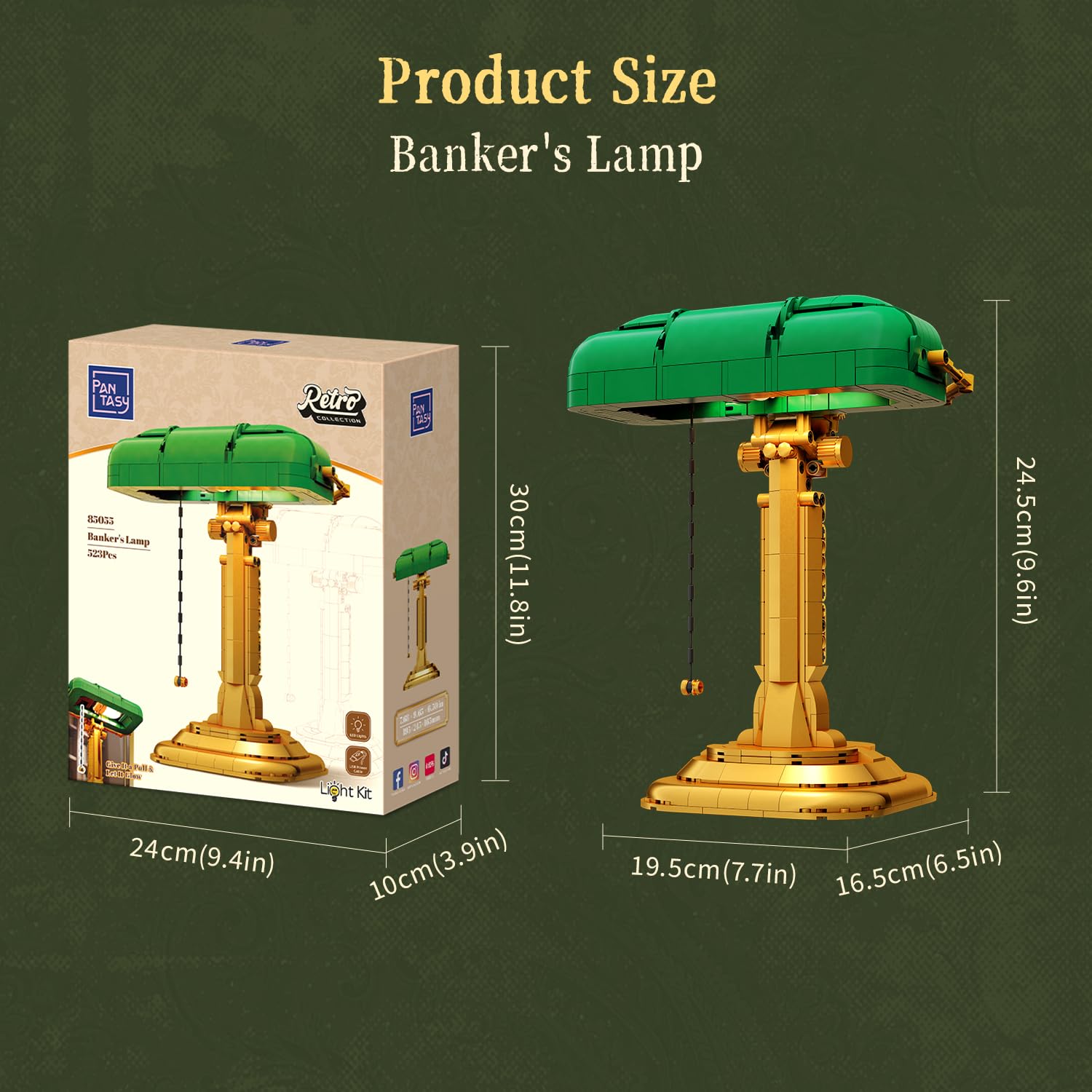 PANTASY Bankerlampe Bauset für Erwachsene, beleuchtetes Retro-Modell | Zugschalter mit Lichtfunktion und USB-C-Stromversorgung, grün-goldenes Retro-Display für Schreibtisch und Sammler