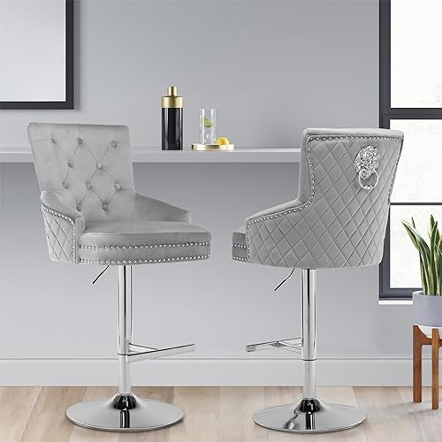 Miniatura 7 de UDAX Juego de 2 taburetes de bar giratorios de terciopelo, taburetes de bar giratorios ajustables de 360 con anillo de tracción de león, taburete de
