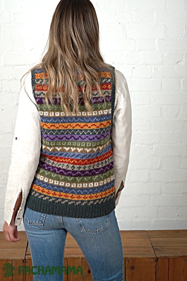 Classic Fairisle Tank Top Olive Pachamama Women's Hand Made Wool Sleeveless Jumper Tank Top. Traditional Fairisle Knitted Wool Tank Top. Fair Trade And Handmade In Nepal