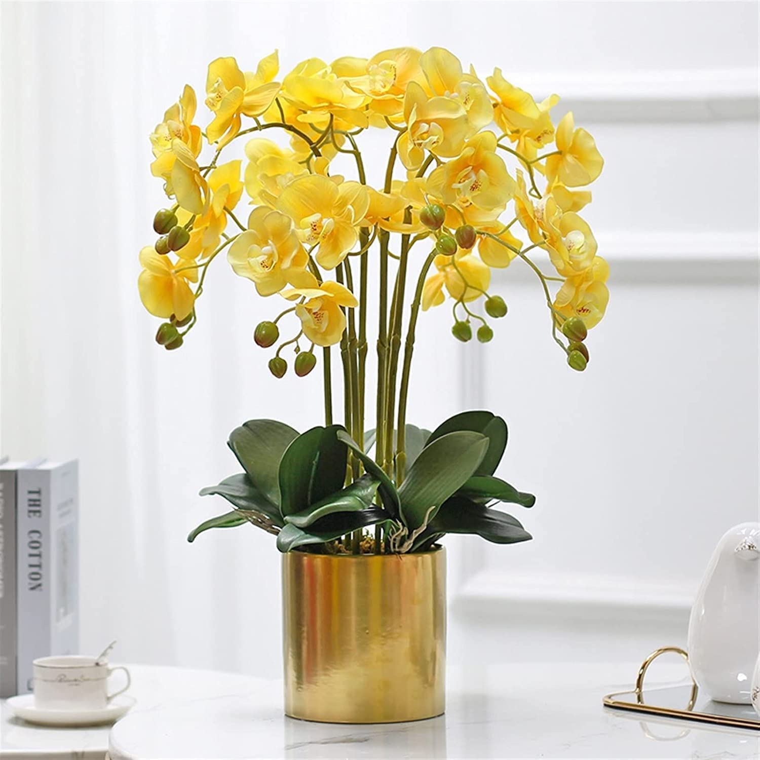 IUokLU artificial flower with pot Orchid Artificial Flowers with Planter Phalaenopsis Artificial Plants in Pot Fake Flower Potted Bonsai Home Decoration Orchid (Yellow)
