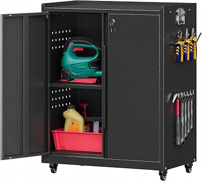 31.5"H Metal Garage Storage Cabinet with Wheels, Tool Locker with Pegboard | Adjustable Shelves, Mobile & flexible, Steel Construction, Spacious Interior, Human-Centric Safety Features
