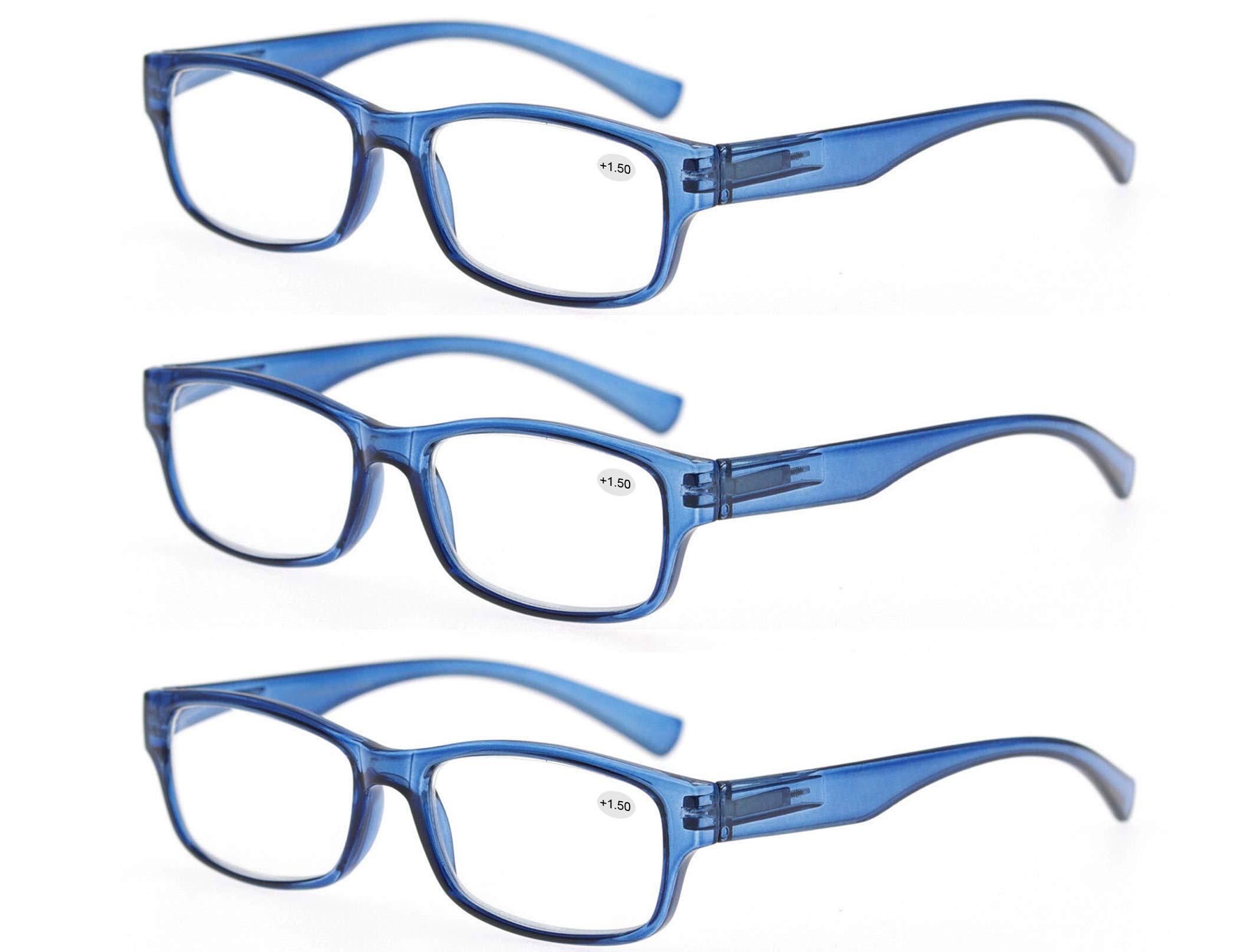 MODFANS Reading Glasses Men and Women 3Pack Readers Spring Hinge BLack Gray Blue