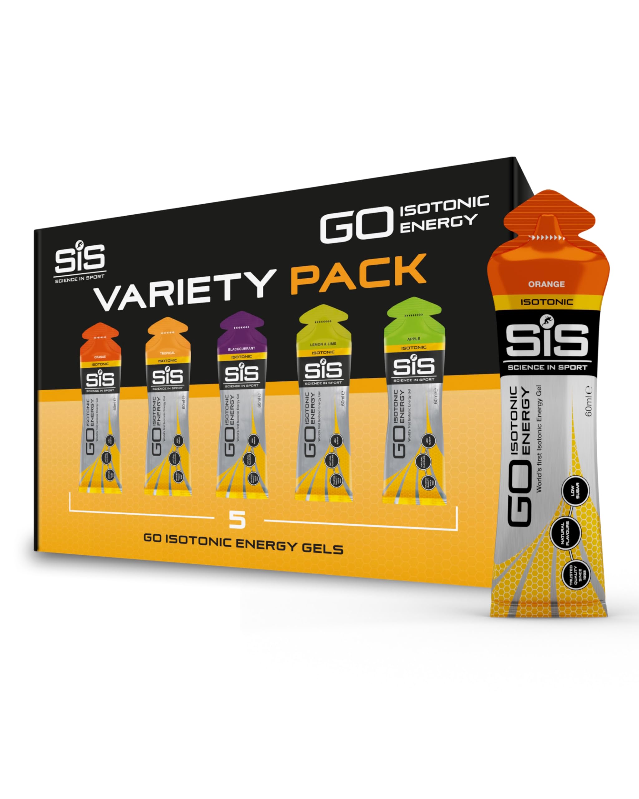 GO Isotonic Energy Gels, Running Gels with 22 g Carbohydrates, Low Sugar, Variety Pack of Assorted Flavours, 60 ml Per Serving (5 Pack), Packaging May Vary
