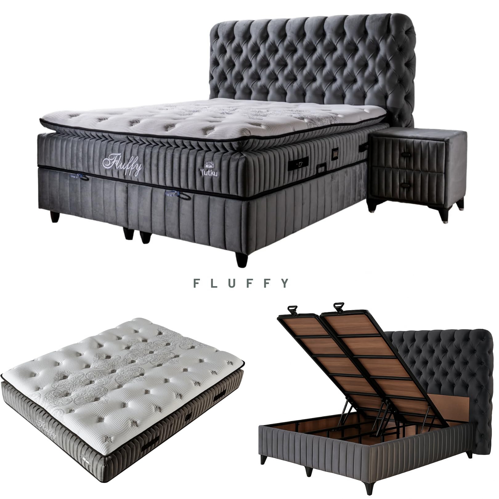 Fluffy Boxspringbett 180x200 cm mit Matratze & Bettkasten | Bett mit Stauraum - Komplettset mit 7-Zonen Orthopädischer Matratze mit Topper – Allergenfrei, Atmungsaktiv | Liegehöhe 67 cm (Grau)