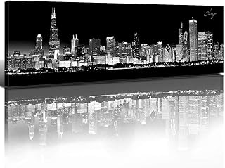 Chicago Skyline Wall Art Black and White Minimalist USA City Wall Decor Downtown Night Scene Canvas Prints Modern Cityscape Painting Building Skyscraper Panoramic Artwork Mens Office Decoration 14x48"