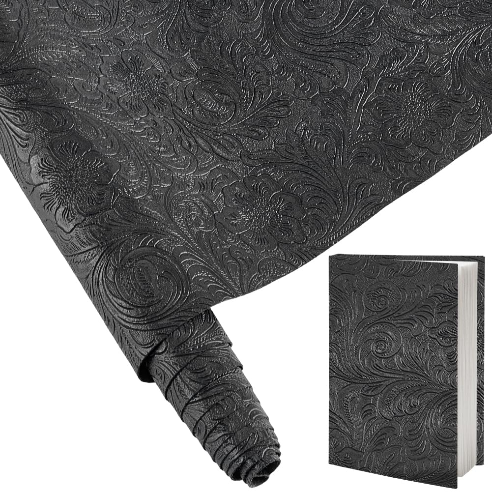 CRASPIRE 55x11.8In Black Bump Texture Faux Leather Pu Fabric Sheet Floral Plain Pattern Printed Soft Embossed Making Sewing Material DIY for Crafts Handbags Furniture Car Wrapping Shoes Belt