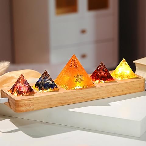 5 Chakra Orgone Healing Crystal Pyramid with Wooden LED Light Base Crystal Quartz Pyramid for Meditation Positive Energy Night Light Home Decor