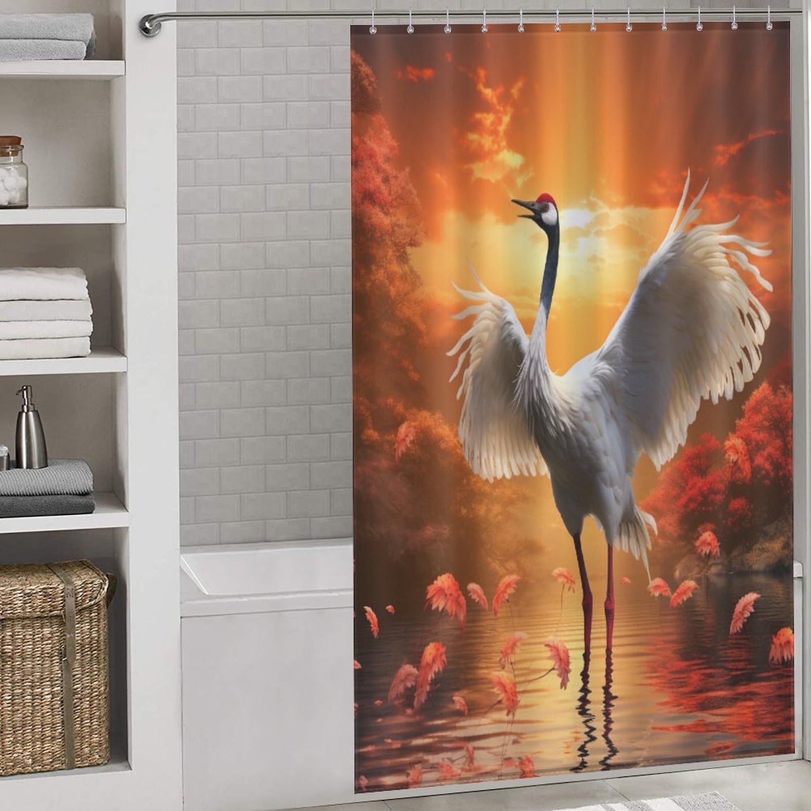 Rideau de douche grue blanche en tissu imperméable de 140x183 cm