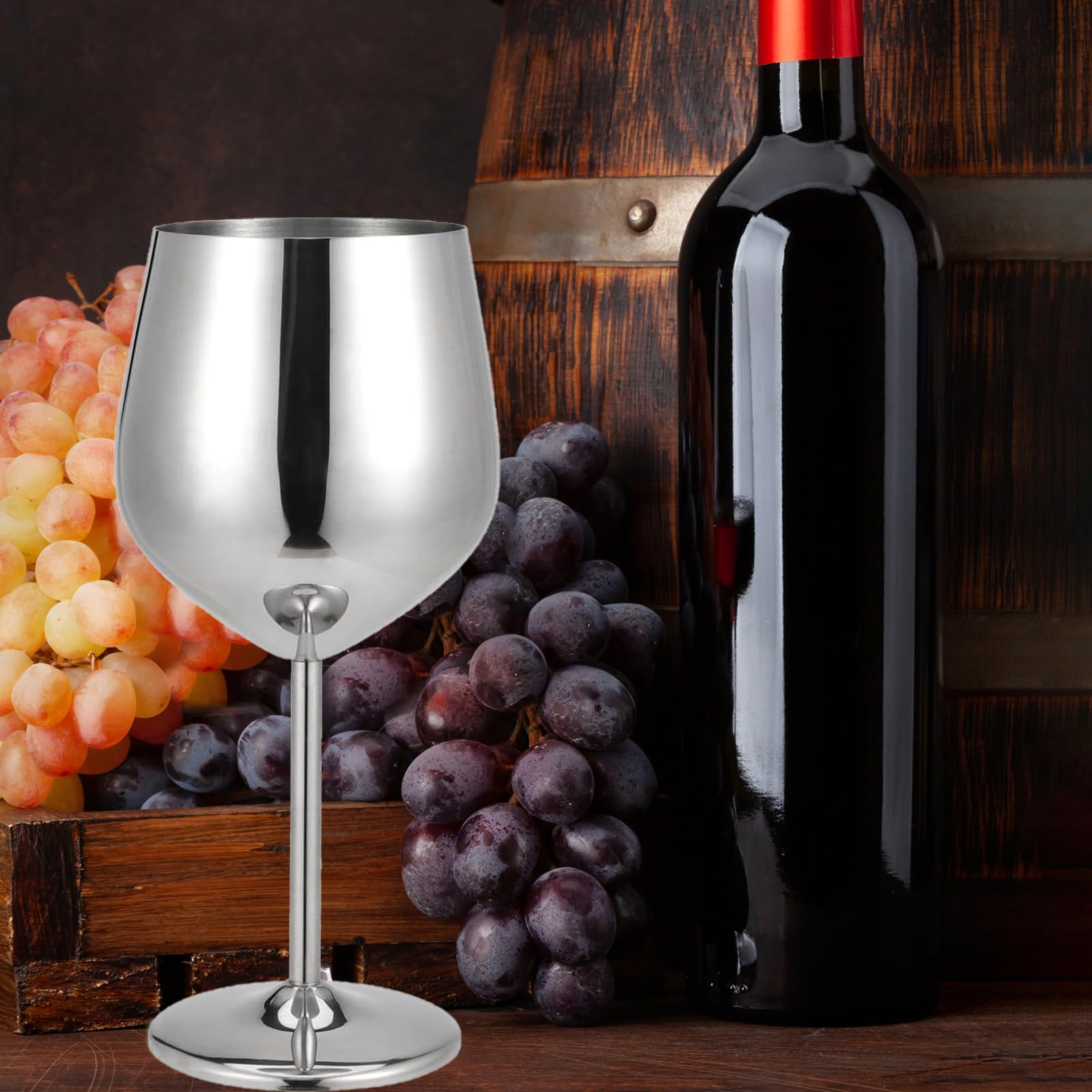 MUKLEI 4 Copas de Vino de Acero Inoxidable 500ml - Juego Irrompible para Fiestas, Camping y Picnics - Vasos Elegantes Plateados con Base Estable