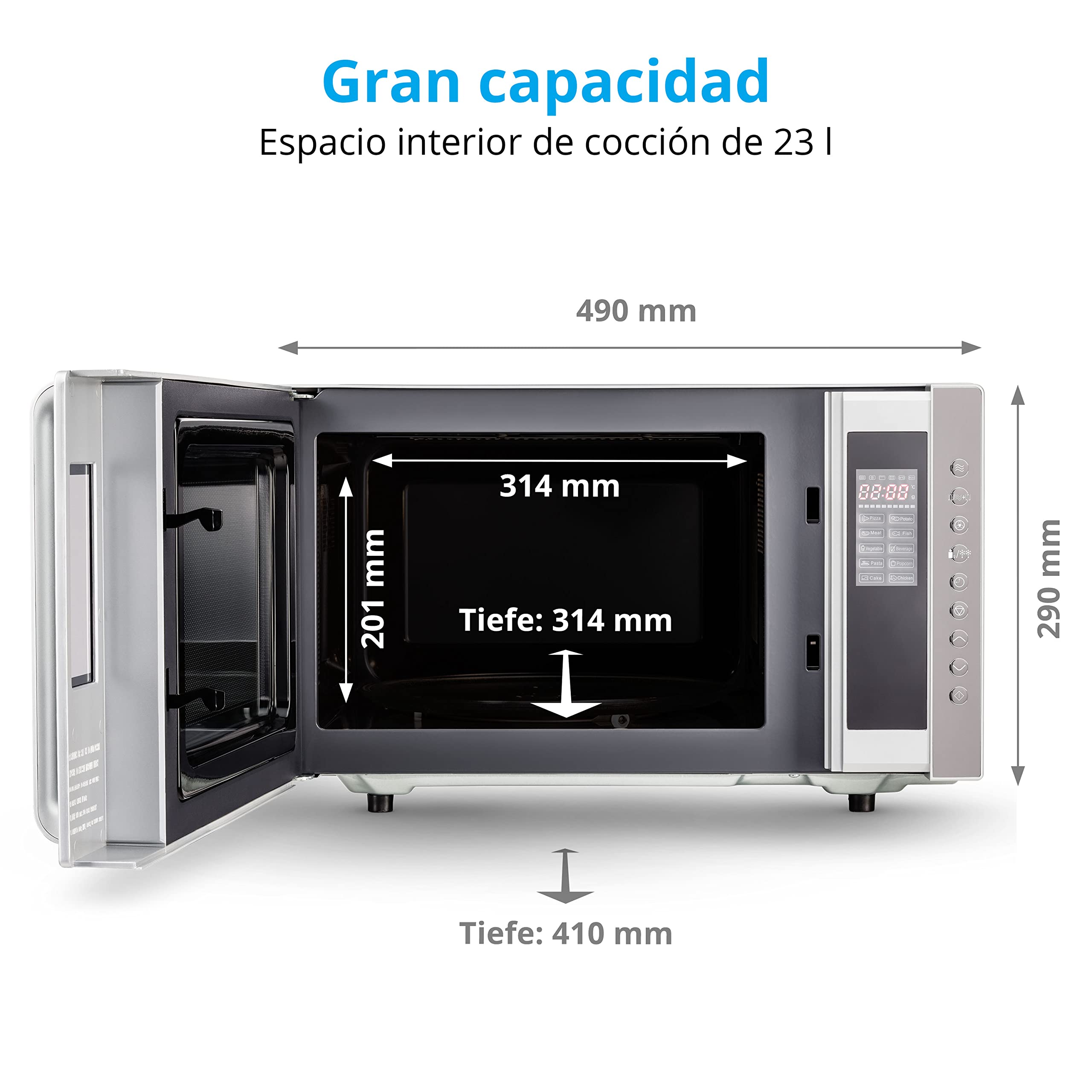 MEDION Microondas 3 en 1 con función de Grill y aire caliente, potencia de 800 vatios, potencia de Grill/aire caliente de 1200 vatios, 23L, MD17495, plata