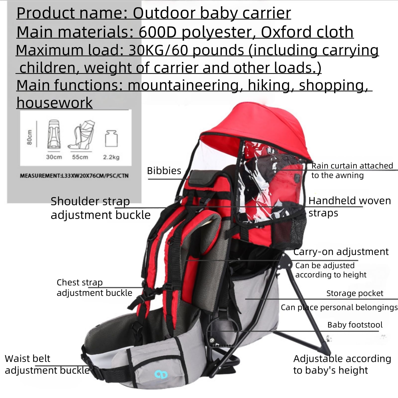 Mochila portabebés para Senderismo y Uso Diario. Diseño ergonómico con Visera y reposapiés. Ajustable para Padres de Entre 1,55 y 1,90 m.