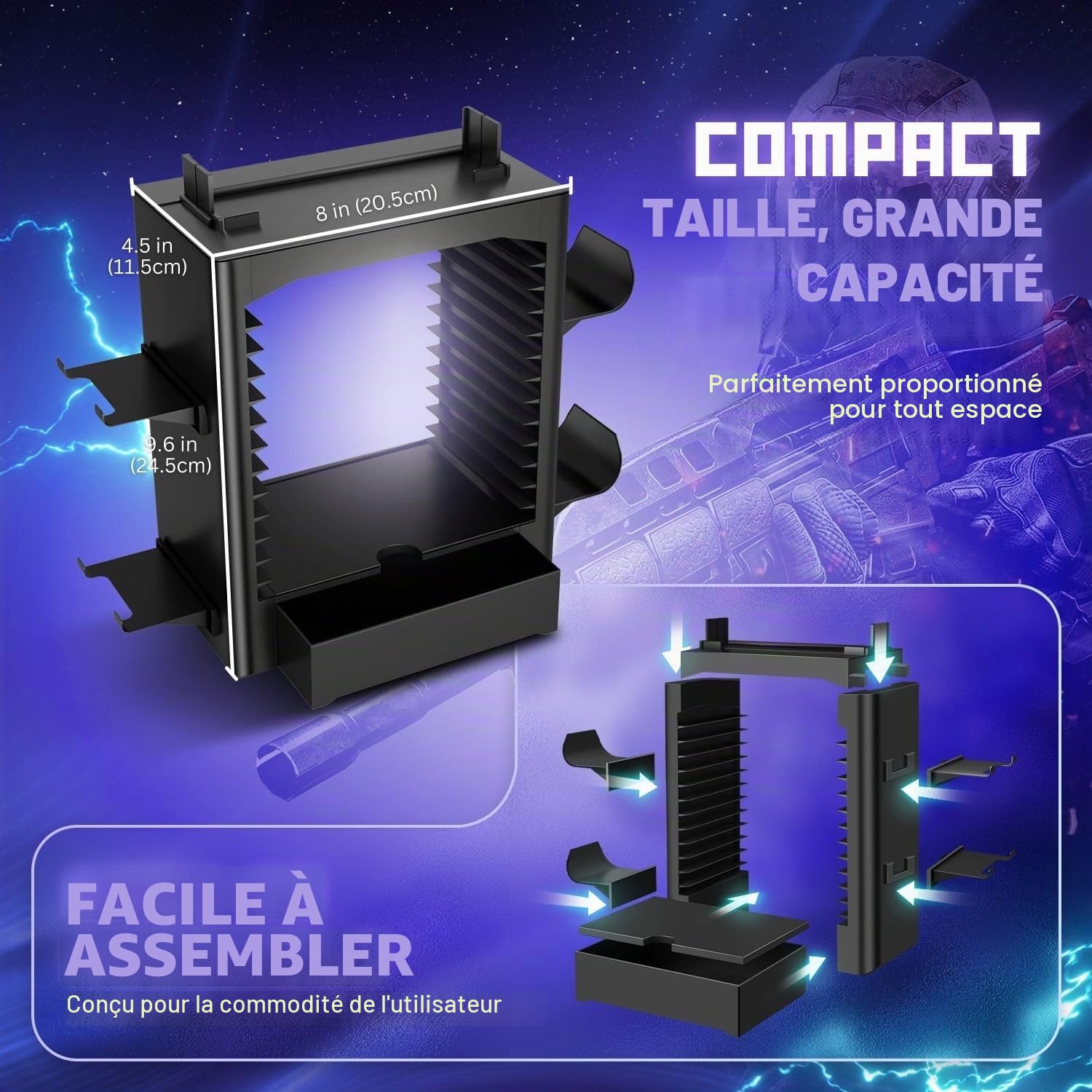 TNP Station de rangement pour Nintendo Switch OLED avec support de station d'accueil, étagère verticale pour 10 boîtiers de jeu, 4 contrôleurs, tiroir Joy-Con, noir