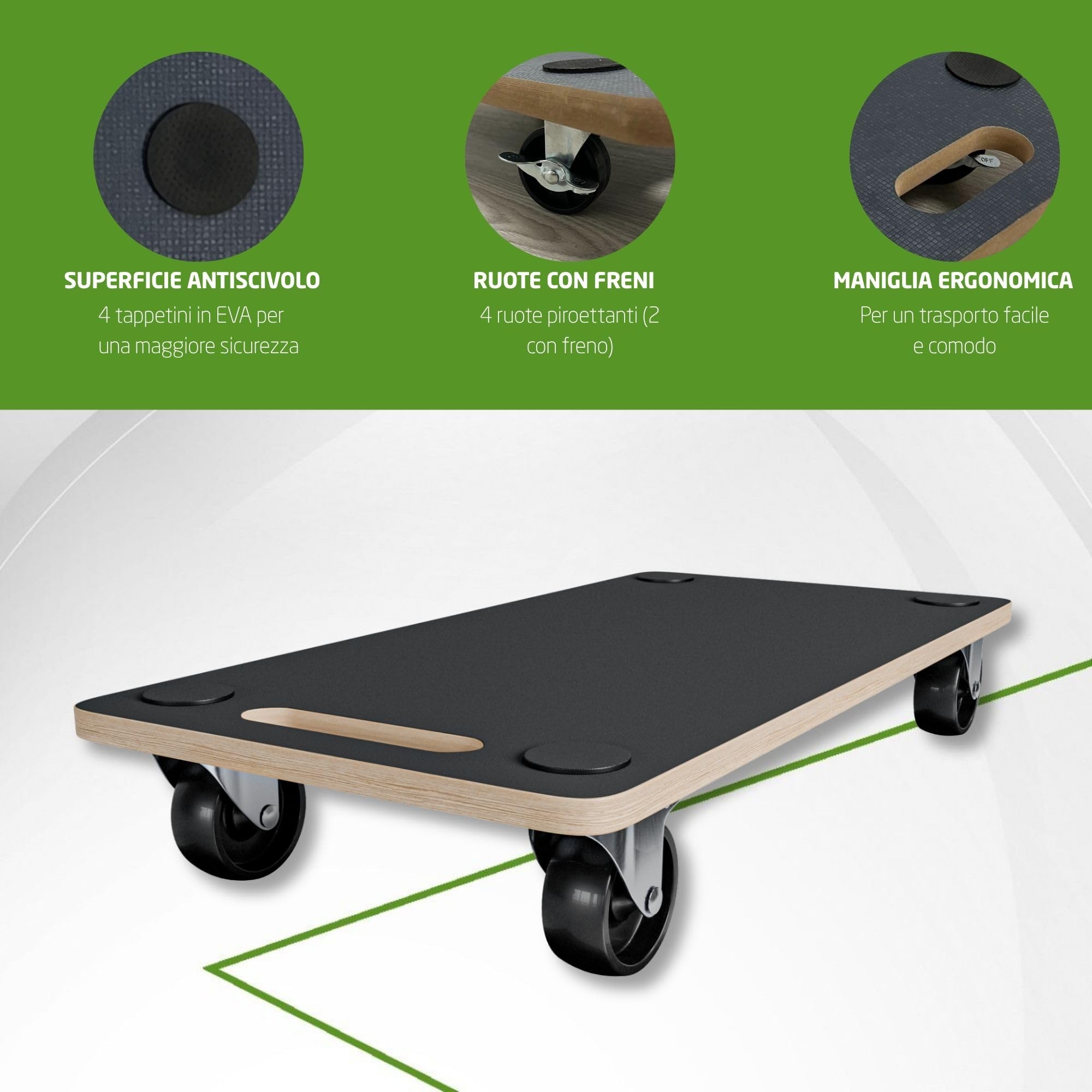 Amig - Piattaforma di Carico con Ruote | Supporto Rotante Rettangolare | 4 tappetini antiscivolo | 58 x 29 cm | Carico Max.: 200 kg | 4 Ruote: 2 con Freno | MDF | Certificato FSC | Nero
