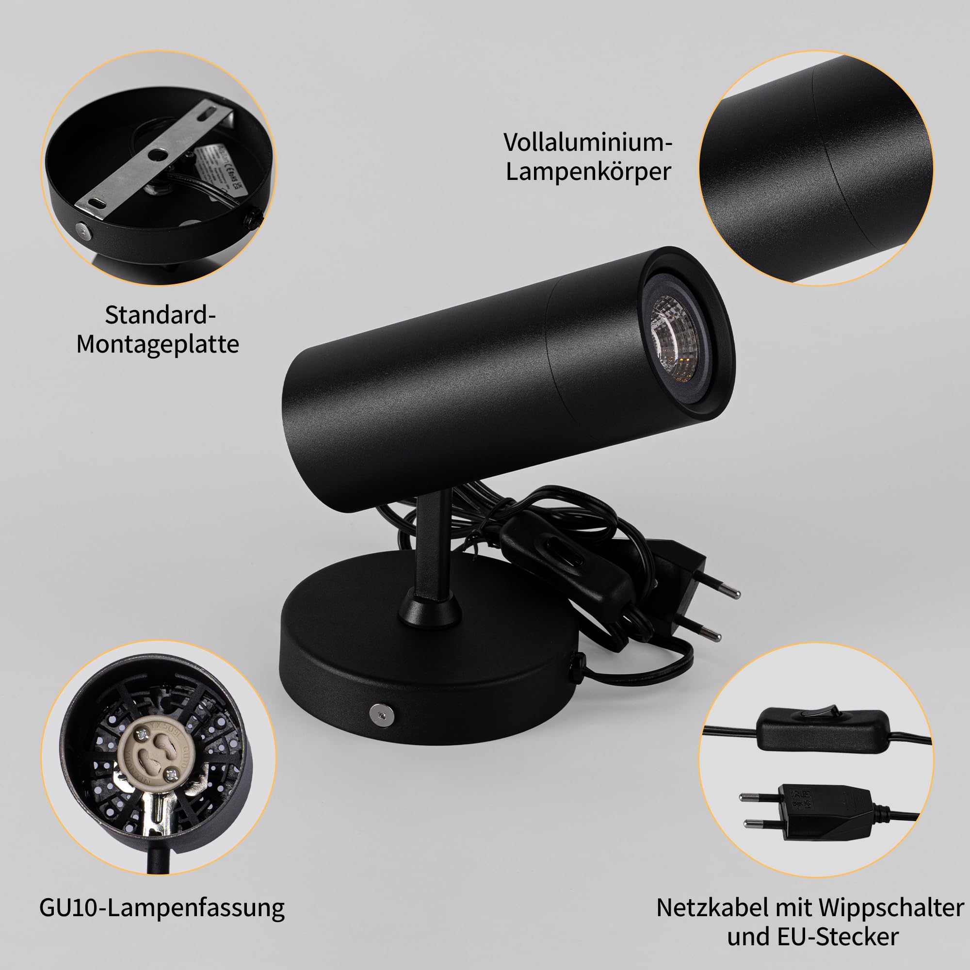Aisilan Wandlampe Innen mit Stecker Schwarz mit GU10 LED Leuchtmittel Moderne Wandleuchte mit Schalter und Kabel Drehbar 350° Wandstrahler Vintage Wandspot für Schlafzimmer Wohnzimmer Treppenhaus