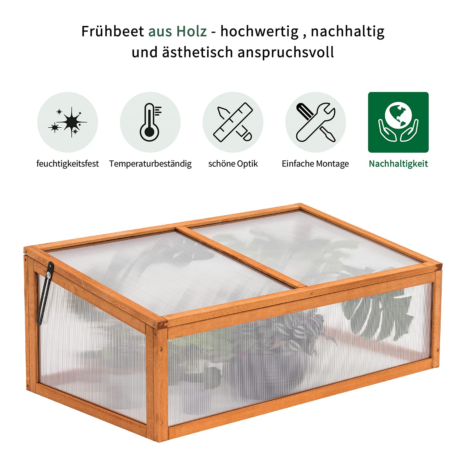 MCombo Frühbeet Gewächshaus Treibhaus Frühbeetkasten Aufsatz Pflanzenbeet mit Abdeckung für Jungpflanzen 0698, aus Holz und Polycarbonat