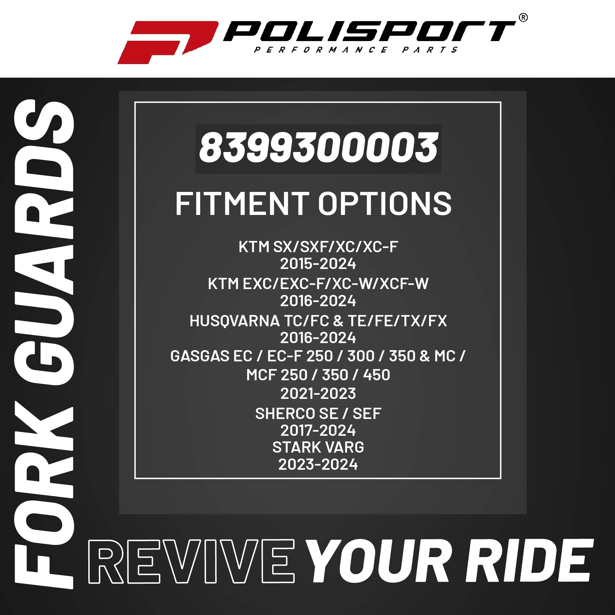 POLISPORT 8399300003 - Protezione forcella completamente avvolgente realizzata in plastica resistente compatible con motocicletas KTM, HUSQVARNA, GAS GAS, SHERCO en color Nero