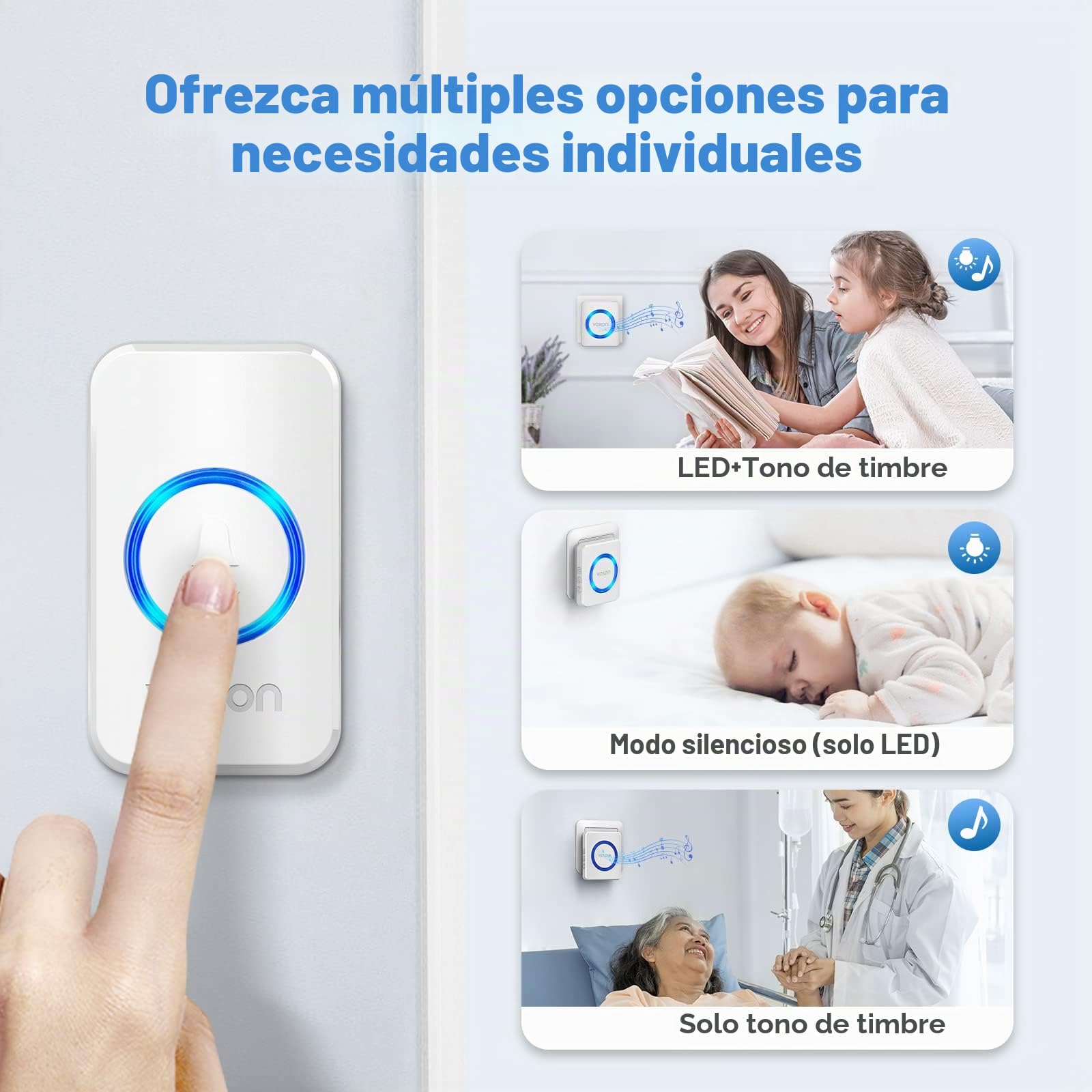 VOXON Timbre Inalámbrico, Alcance de 400m, Conjunto de Timbre con 2 Receptores, Resistente al Agua IP65 para Exteriores, Timbre de Puerta con Luz LED, 5 Niveles de Volumen, 60 Melodías