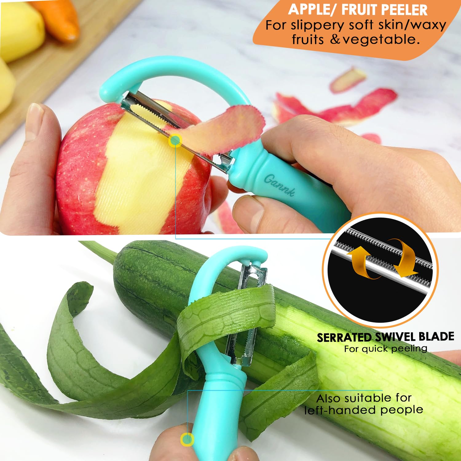 GANNK Pelador de patatas y verduras para cocina, cuchillas de acero inoxidable ultra afiladas, fácil de pelar, manzana, fruta, verduras, zanahoria, pepino, con pelador de naranja, apto para