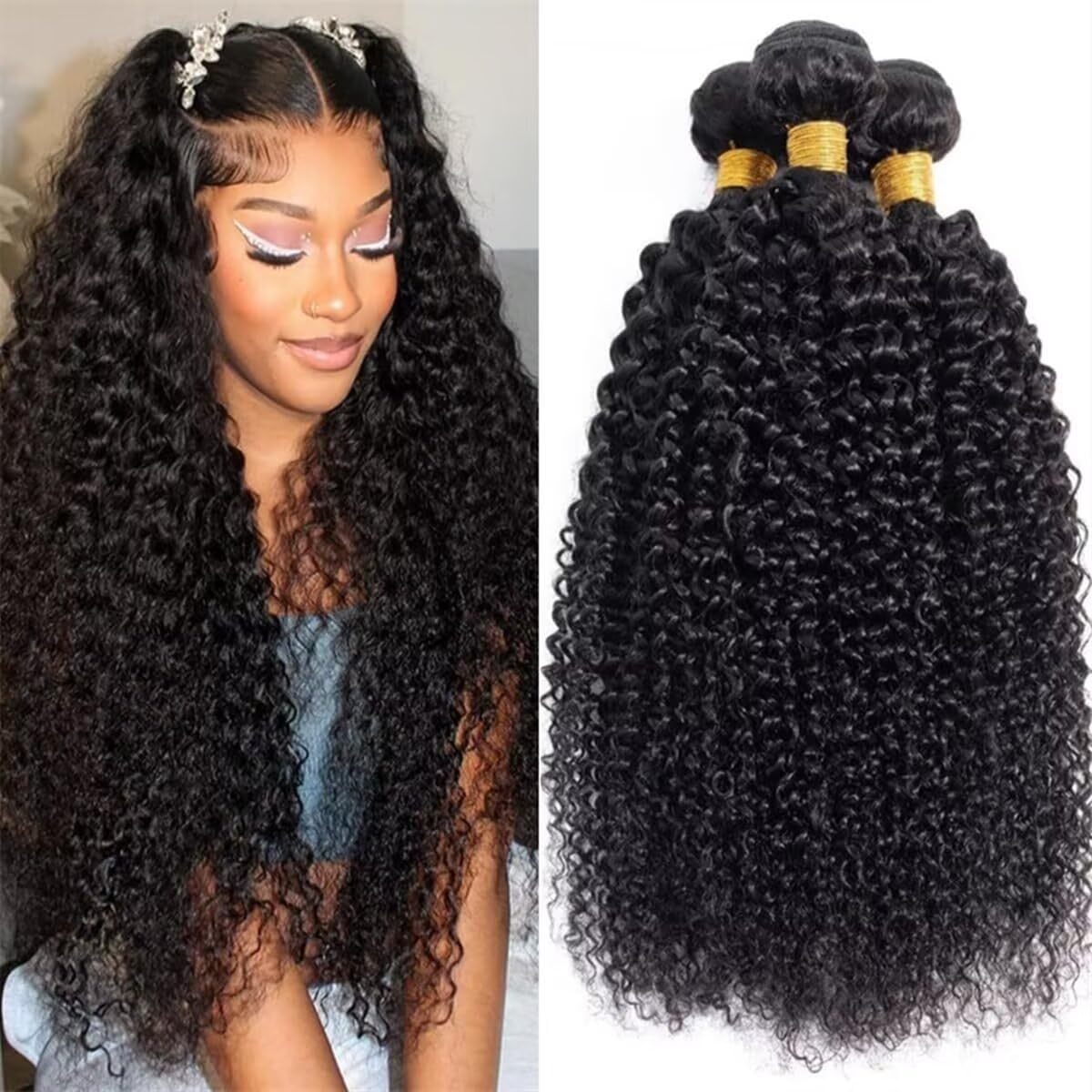 12A Curly Human Hair Bundles 100% Unprocessed Kinky Curly Bundles Human Hair Soft And Thick Can Be Dyed Curly Wave 3 Bundles Natural Black Color 24 26 28 Inch 95-100g/bundle total 285-300g