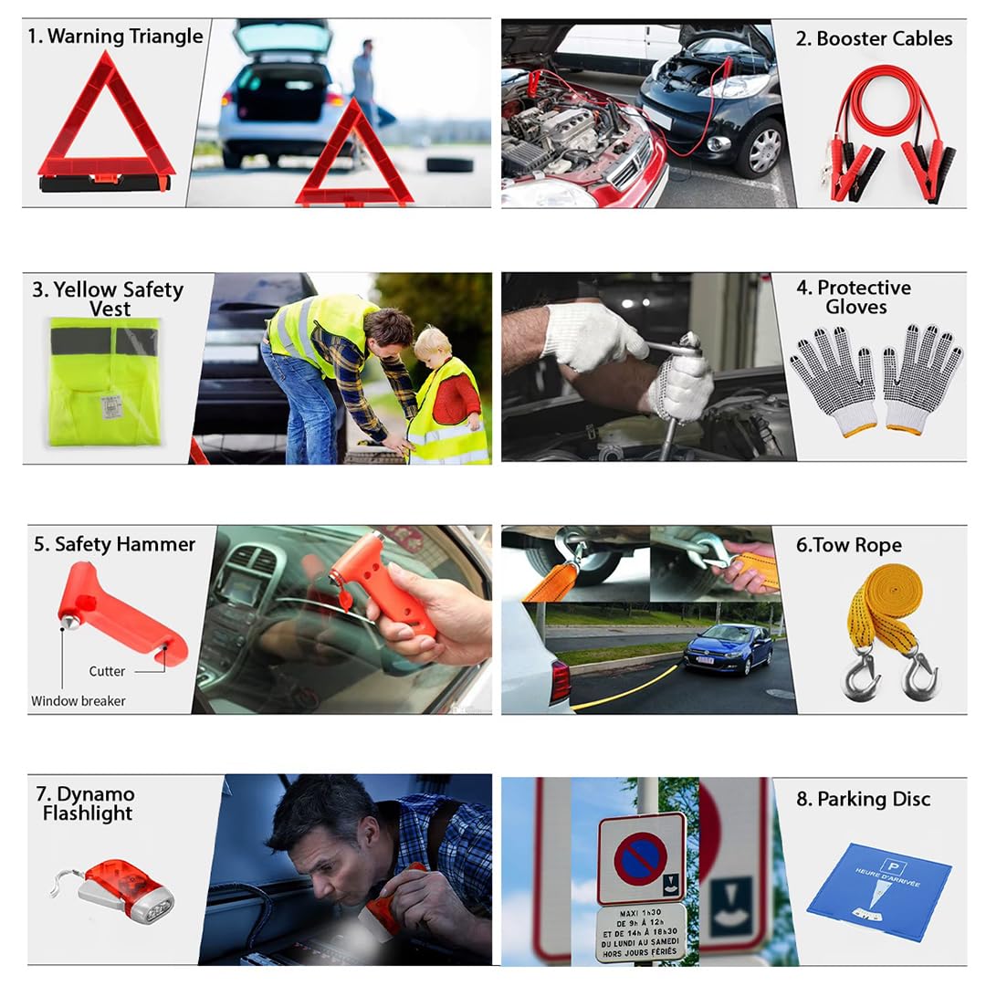Kit Sécurité et Accessoires Auto - Triangle de Signalisation, Gilet Jaune, Gants de Protection, Sangle de Traction, Brise-Glace, Lampe Dynamo Rechargeable, Câbles de Batterie, Disque de stationnement