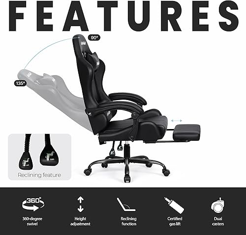 Miniatura 5 de N-GEN GAMING Silla de videojuegos con reposapiés, soporte lumbar para el hogar, oficina, respaldo alto, reclinable, altura ajustable, ergonómica,