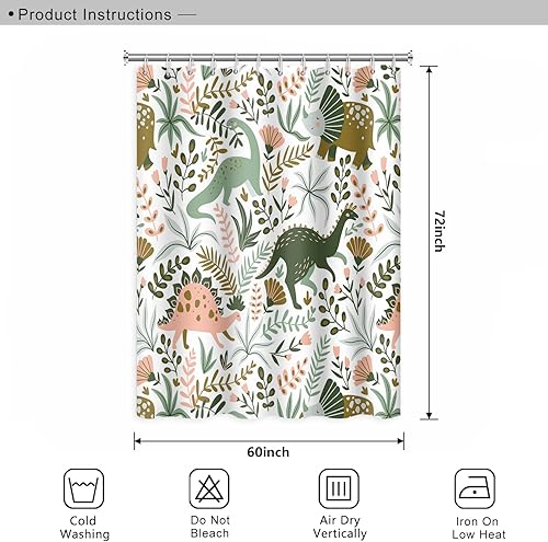 Miniatura 276 de Cortina de ducha de baño con temática de dinosaurio, cortina de ducha de hojas tropicales de dinosaurio verde con ganchos, cortina de ducha de tela