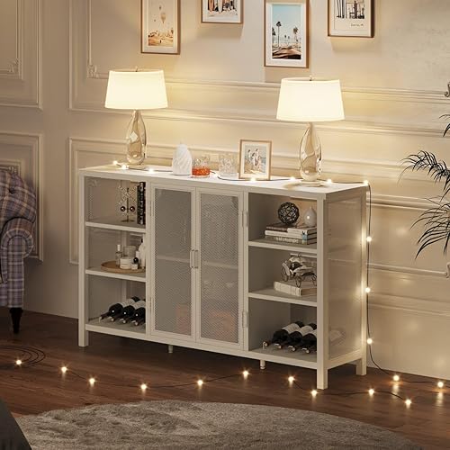 Miniatura 6 de FATORRI Gabinete industrial para bar de vinos para licor y vasos, gabinete de barra de café de madera y metal con estante extraíble para vinos,