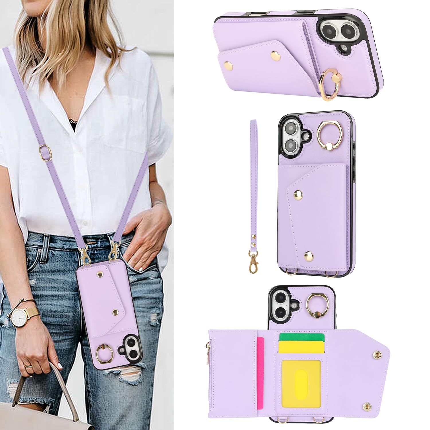 Vervebear Compatible with iPhone 16 Crossbody Wallet Case with Card Holder for Women,Phone Case RFID Blocking PU Leather Zipper Handbag Flip Cover