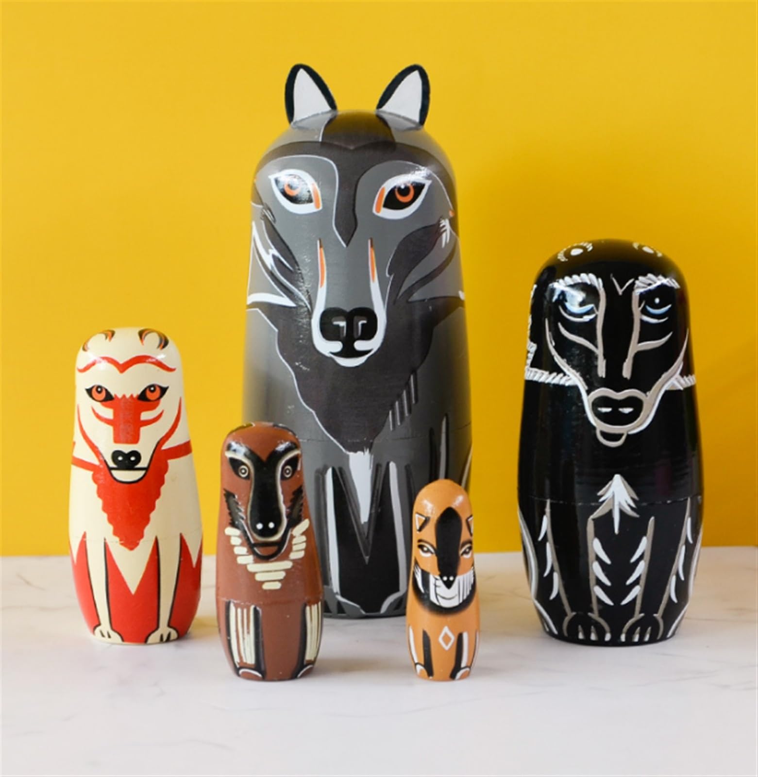 Matrioszki Matrioszka Lalka Rosyjska Rosyjskie Lalki Gniazdujące Układające Drewniane, Ręcznie Robione Lalki Matryoshka W Kształcie Wilka, 5-częściowe Urocze Zwierzę Z Kreskówek Rosyjskich Lalek Rosyj