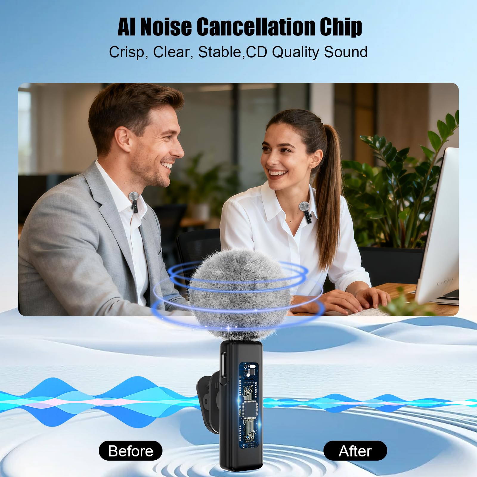 Micro cravate sans fil 3 en 1 pour iPhone/Android/appareil photo, mini microphone professionnel à clip rotatif et suppression du bruit, idéal pour Vlog, TikTok et YouTube