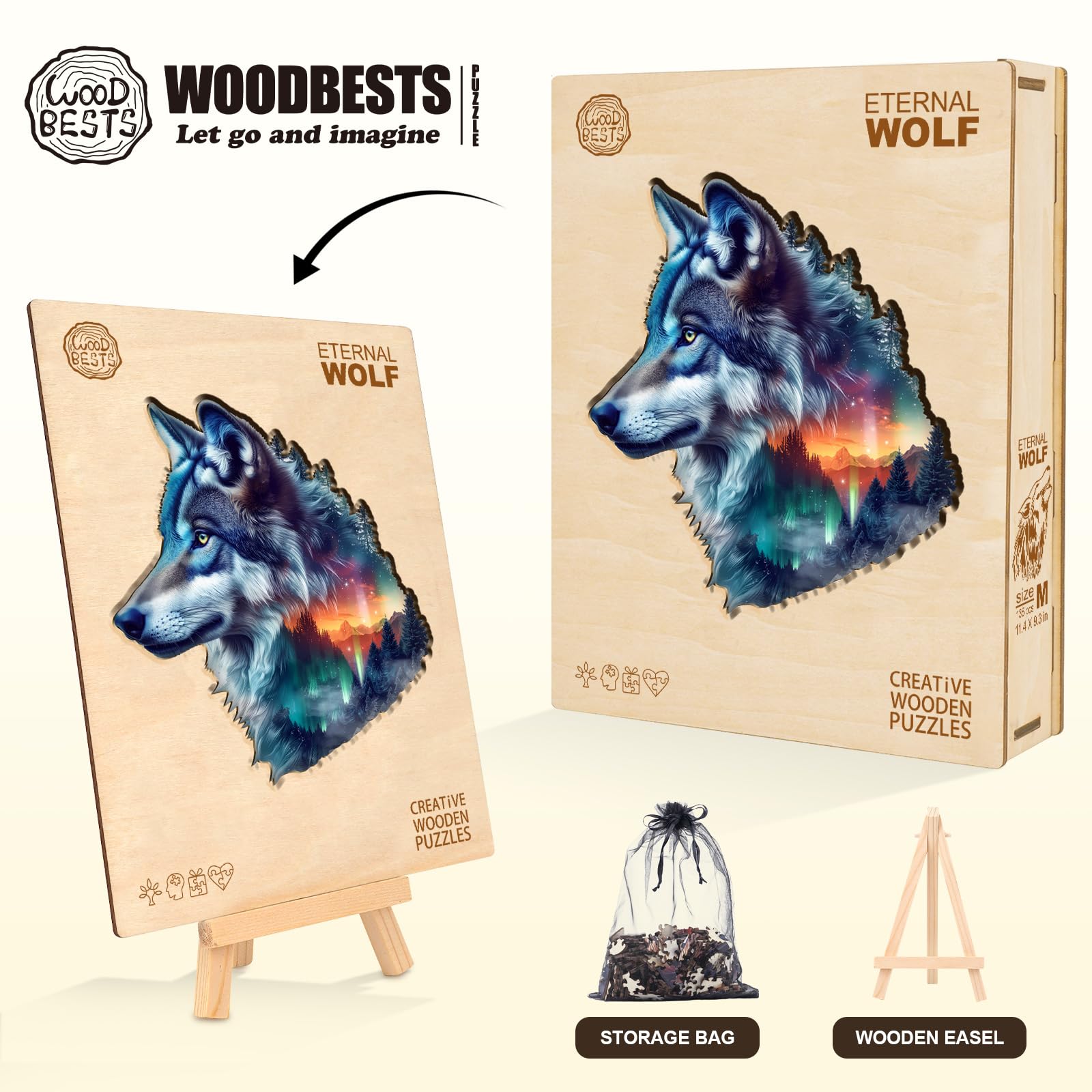 Puzzle en bois pour adultes - Loup aurore - L-190 pièces | Puzzle en bois de forme unique pour adultes, casse-tête en bois, puzzle en bois défi, 34 x 32,8 cm