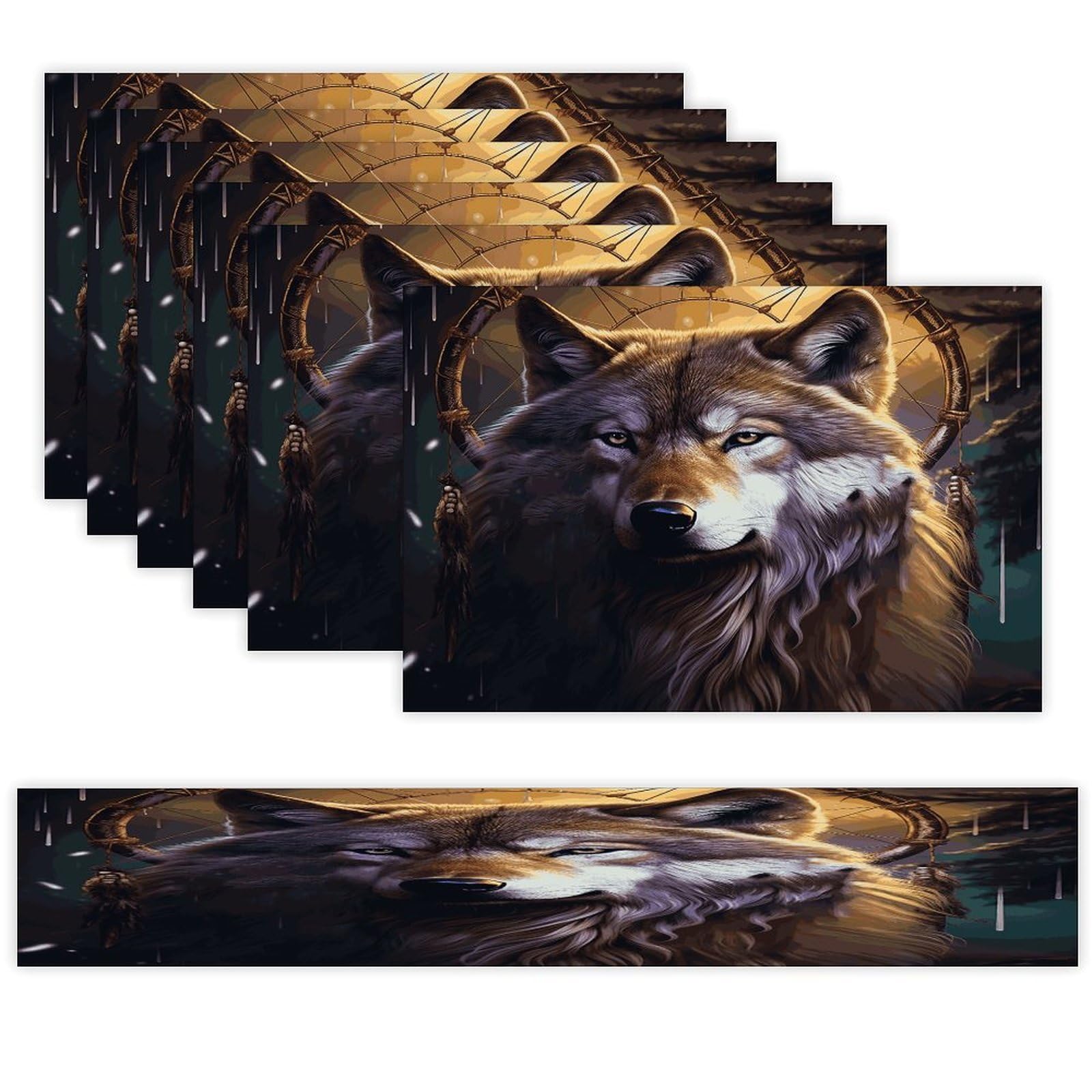 Wolves and Dream Catchers Table Runner and Placemats Set of 6 Wipe Clean Heat Resistant Table Mat with Table Runner Decorations Flax Linen Place Mat Set for Home Kitchen Party Supplies