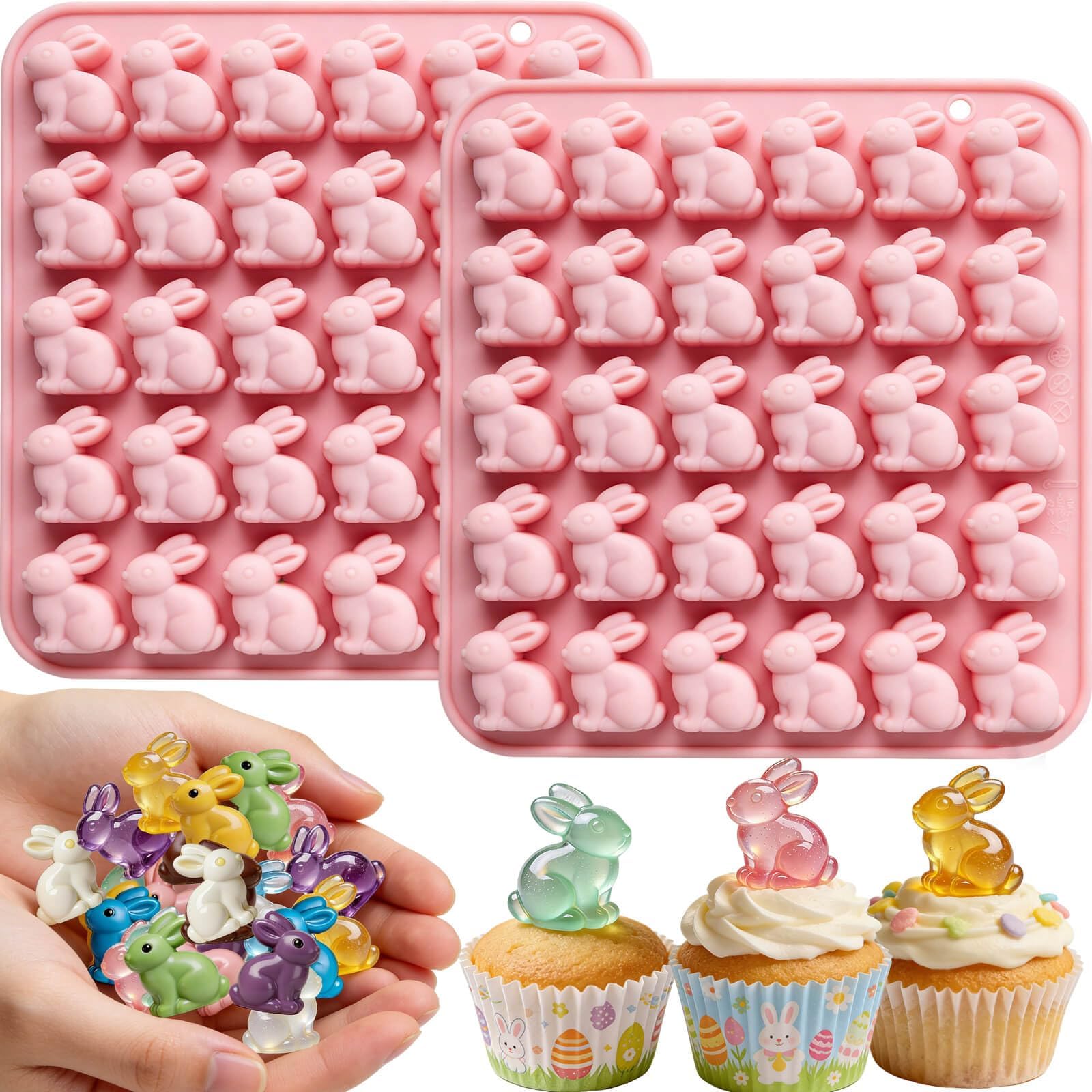 2 Pack Easter Bunny Silicone Chocolate Mold, 60 Cavities Easter Bunnies Candy Molds Rabbit Gummy Moulds Bunny Ice Cube Tray for Easter Chocolate Jello Baking Bombs Gummy Candle Soap Cupcake Topper