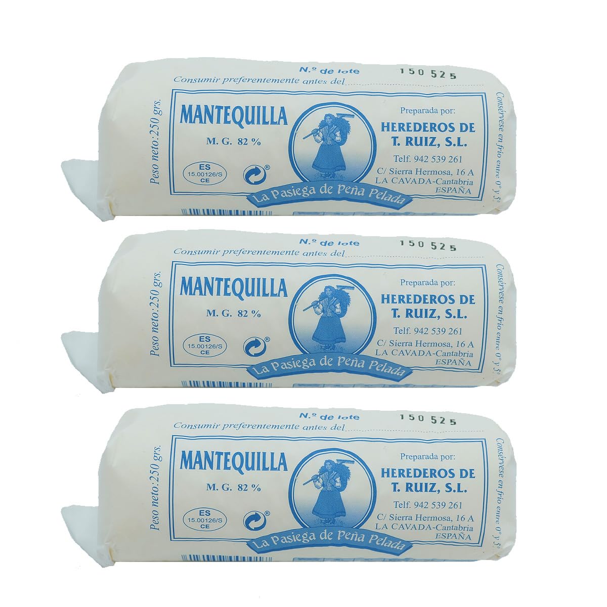 LA PASIEGA DE PEÑA PELADA Mantequilla Artesanal, PACK DE 3 Rulos de 250 gr (aprox) en Papel Sulfurizado, 82% Materia Grasa, Sabor Tradicional y Natural - Origen Cantabria