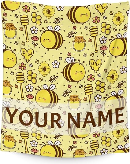Personalized Bee Blanket Gifts, 40"x50" Cute Throw for Women Girls, Soft Cozy Warm Flannel Blanket for Sofa Bed