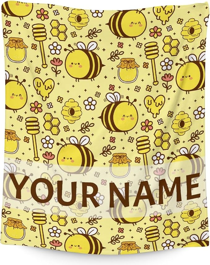 Personalized Bee Blanket Gifts, 40"x50" Cute Throw for Women Girls, Soft Cozy Warm Flannel Blanket for Sofa Bed