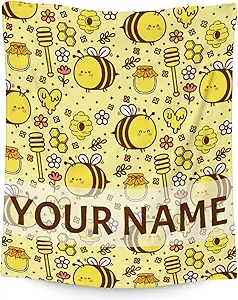 Personalized Bee Blanket Gifts, 40"x50" Cute Throw for Women Girls, Soft Cozy Warm Flannel Blanket for Sofa Bed