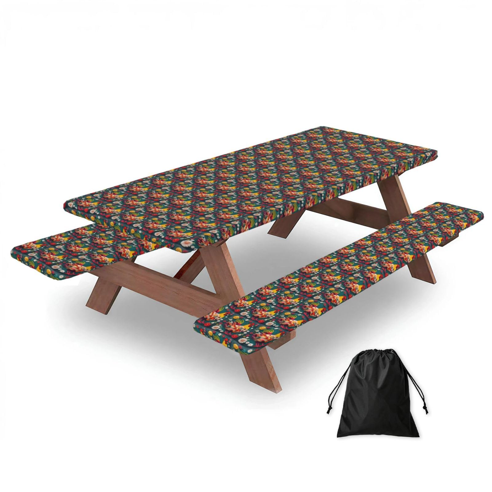 AYYQWE Flower Heart Chicken Print Picnic Table Bench Cover Outdoor Garden Party Decor Daily Accessory Gift