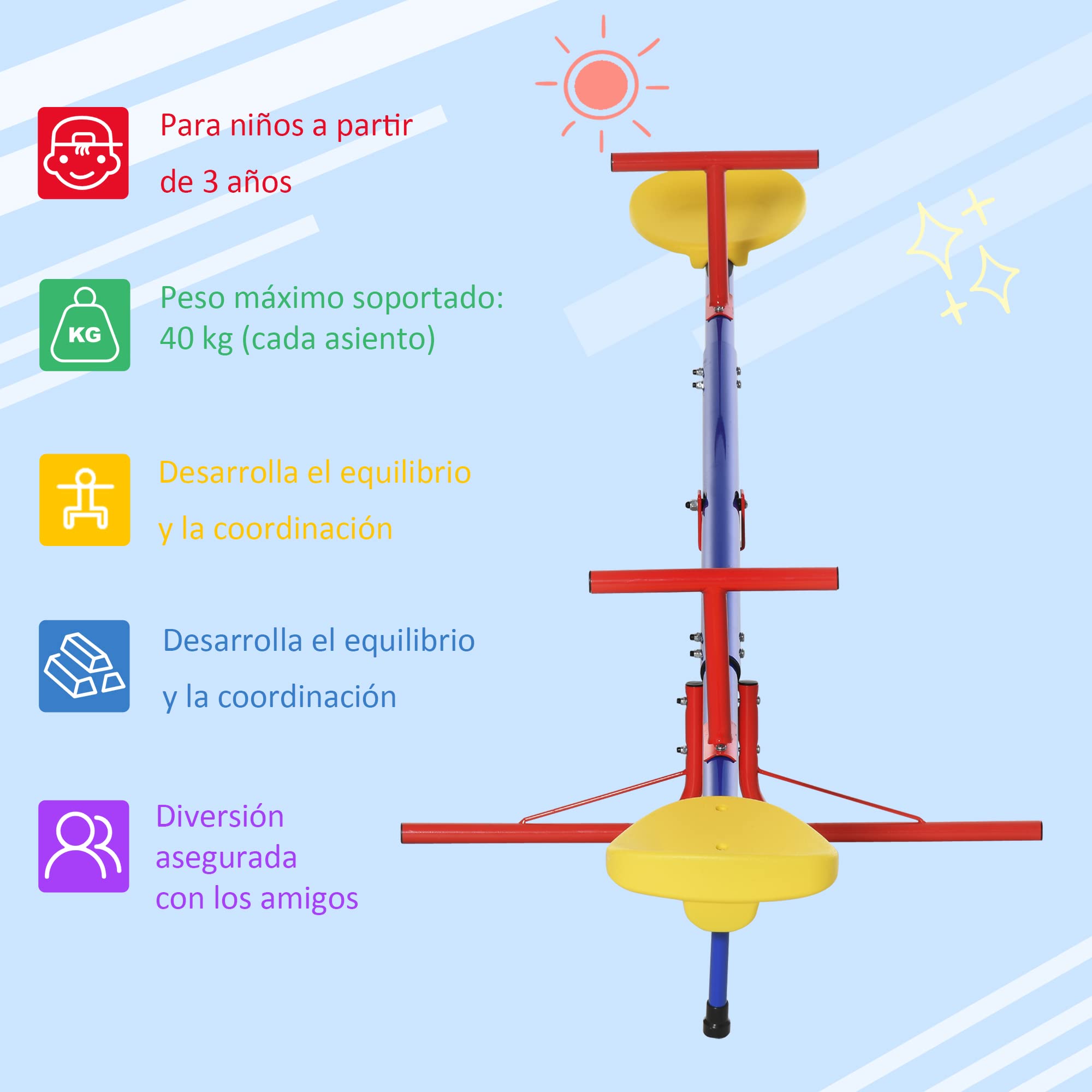 Outsunny Balancín Giratorio 360 Grados para Niños +3 Años con Base de 4 Varillas Postes de Tope y Asas Fáciles de Agarrar Patio Jardín 184x76x71 cm Multicolor