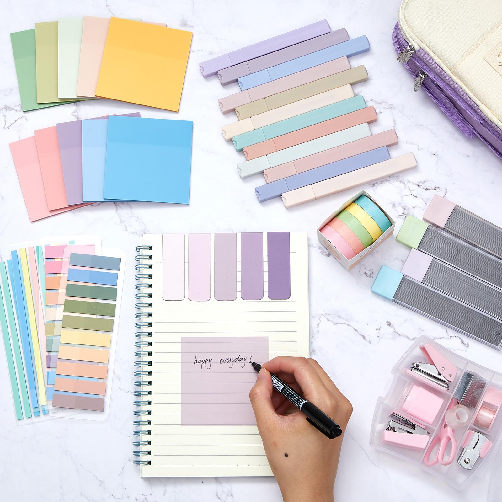 Sinload Kit de anotación de libro estético de 60 piezas, estuche con marcador de gel, lápiz mecánico, marcadores magnéticos, pestañas adhesivas transparentes, mini suministros de oficina (morado)